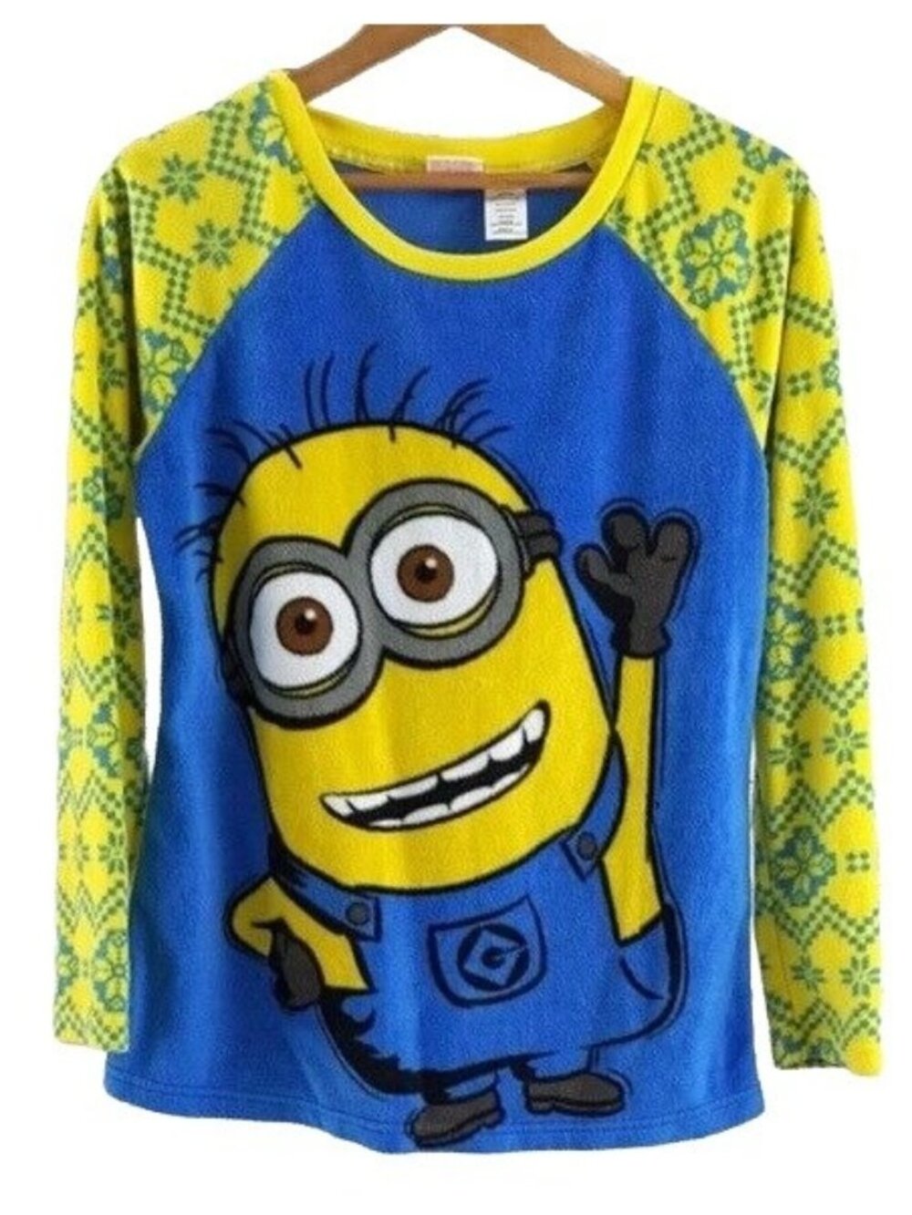 Despicable Me Women Fleece PJ Top Blue Small Waving Long Sleeve Minion Kevin